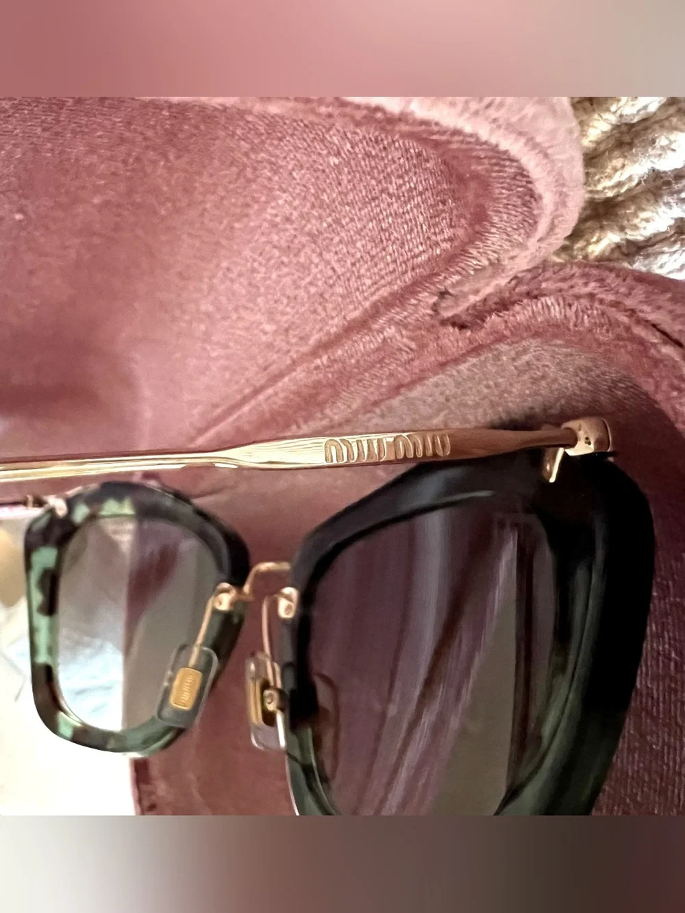 Miu Miu Green and Gold Round Cat-Eye Sunglasses